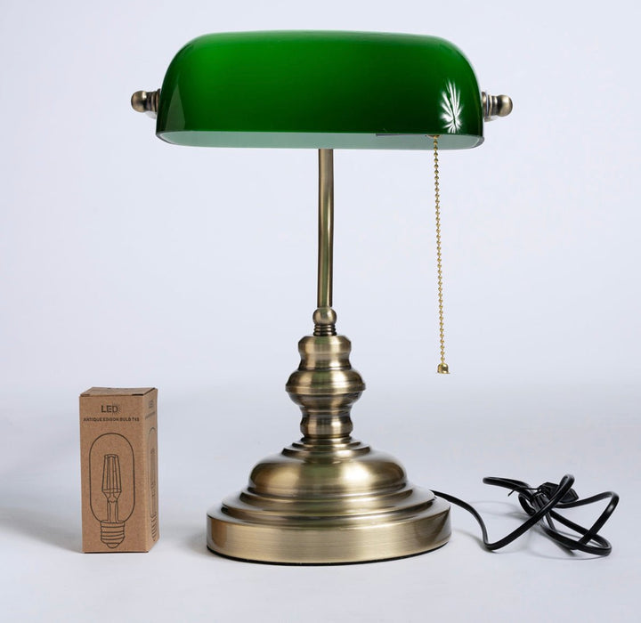 Bankierslamp brons groen glas Oldham - 37 cm - Engelsbureau.nl